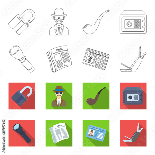 Flashlight, newspaper with news, certificate, folding knife.Detective set collection icons in outline,flat style vector symbol stock illustration web.