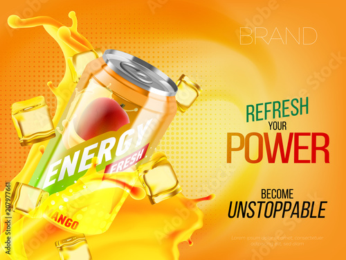 Mango cold energy drink in metal can with ice and juice splash advertising banner, soda water branding ready mockup high quality 3d vector realistic illustration