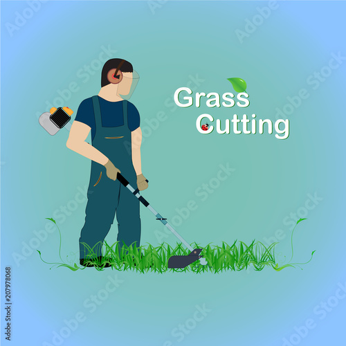 Man and lawn mower
