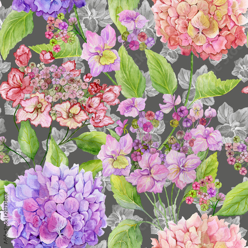 Beautiful hydrangea flowers with green leaves on gray background. Seamless fl...