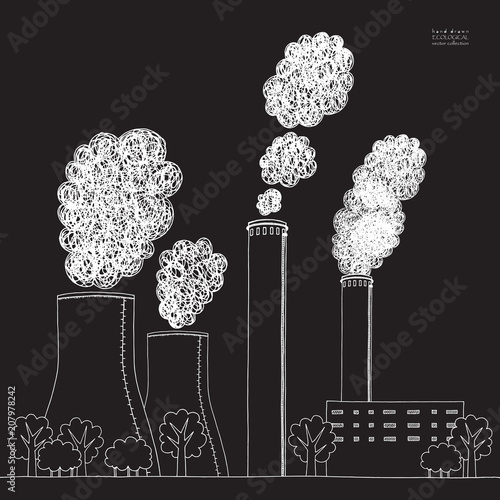 White smokestack on black background. Illustration of air pollution caused by fume from factory and plant pipe, tube, trunk. Coal station. Hand drawn vector sketch