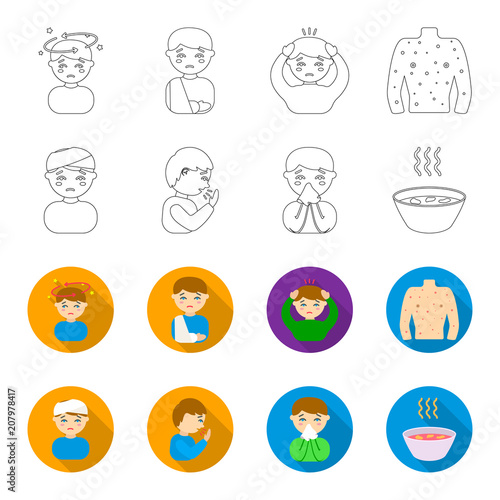 A man with a bandaged head, a man coughing, a man snorts a snot, a bowl, a bowl of hot broth into a handkerchief. Sick set collection icons in outline,flat style vector symbol stock illustration web.