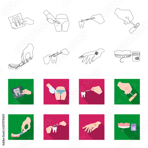 Anesthetic injection, dental instrument, hand manipulation, tooth cleaning and other web icon in outline,flat style.bactericidal plaster, medicine icons in set collection.