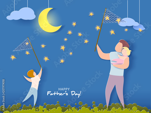 Handsome man and his children dreaming at the night. Happy fathers day card. Paper cut style. Vector illustration
