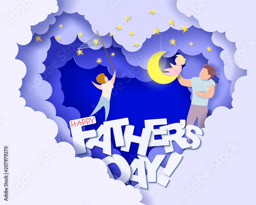 Handsome man and his children dreaming at the night. Happy fathers day card. Paper cut style. Vector illustration