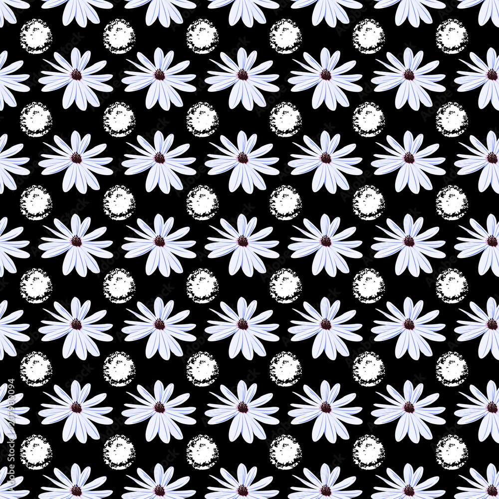 Seamless background with cute garden flowers and white dots. Design for cloth, wallpaper, gift wrapping. Print for silk, calico and home textiles.Vintage natural pattern Seamless background with cute garden flowers and white dots. Design for cloth, wallpaper, gift wrapping. Print for silk, calico and home textiles.Vintage natural pattern