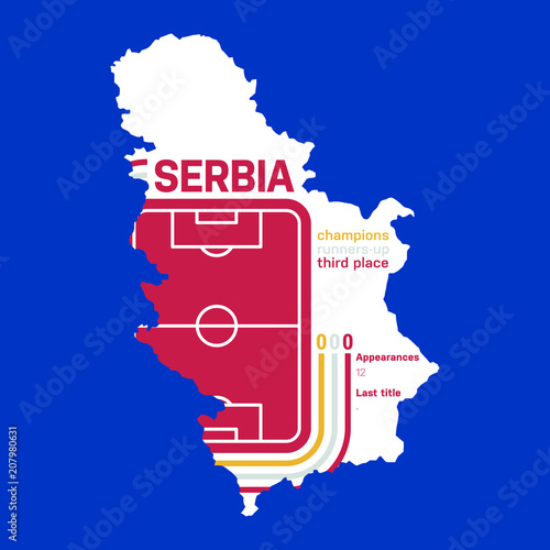 Serbia (map with Kosovo) at soccer cups as of 2018 – customizable infographics with the number of medals, appearances and the year of the last title