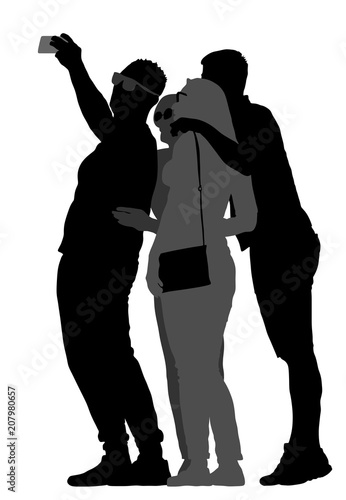 Selfie teenagers tourists taking pictures vector silhouette illustration isolated on white background. Taking selfie with mobile phone. Friends traveler fun. Happy students crew on travel destination.