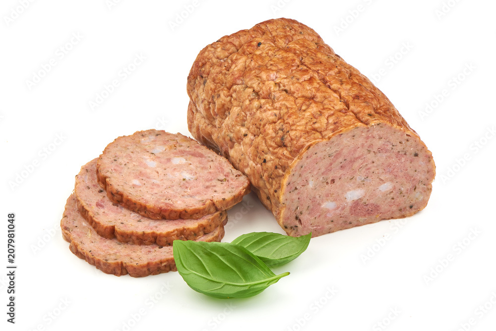 Baked meatloaf with boiled eggs, isolated on white background. Baked meatloaf with boiled eggs, isolated on white background.