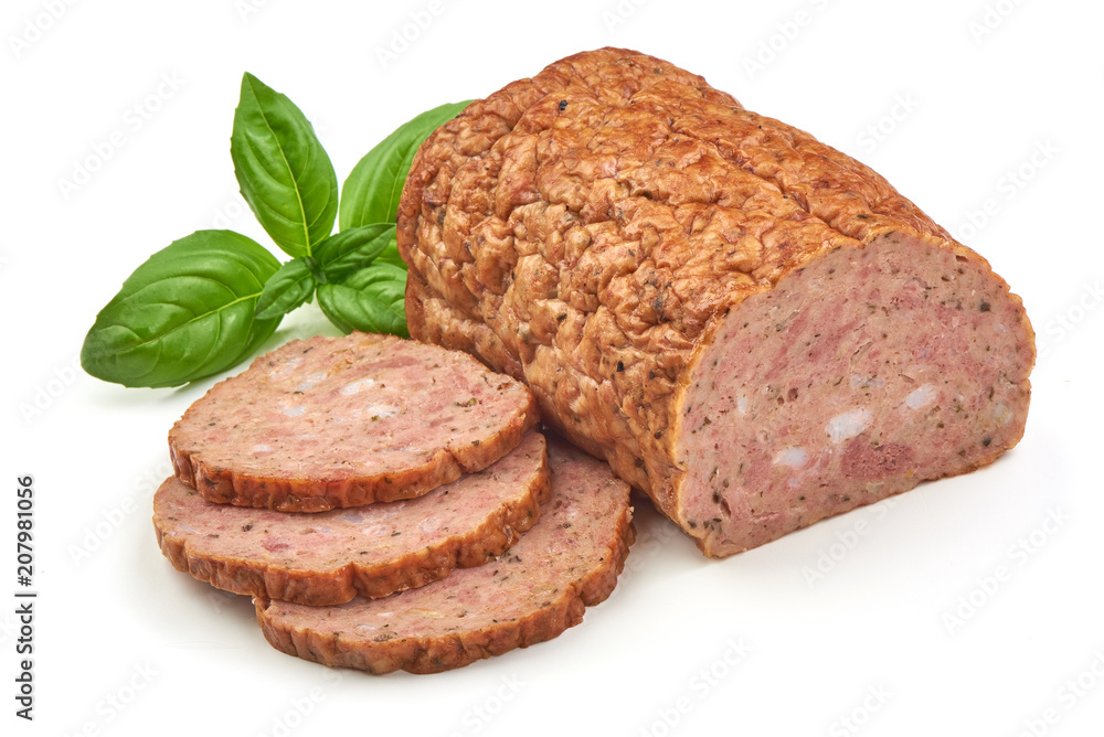 Baked meatloaf with boiled eggs, isolated on white background. Baked meatloaf with boiled eggs, isolated on white background.