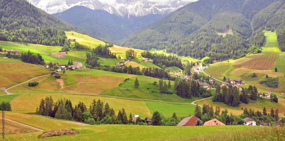 Panorama of Funes beautiful alpine village