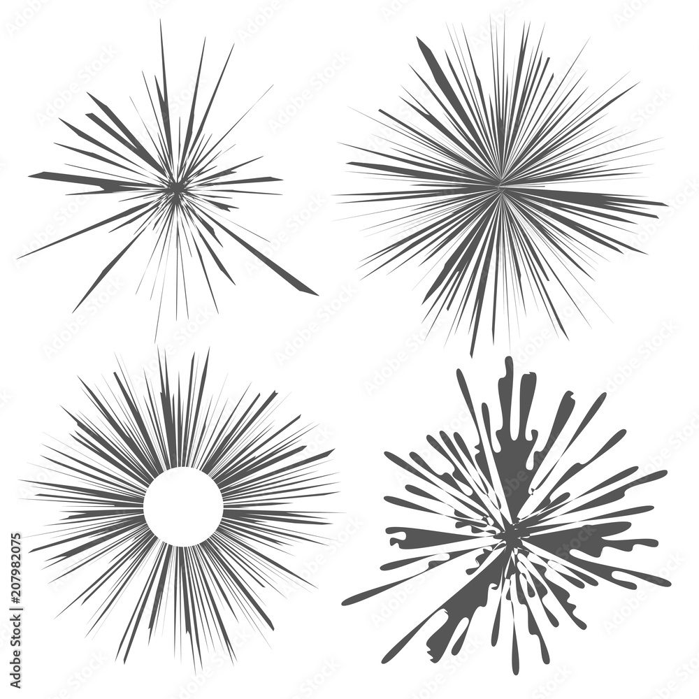 Set of vector shapes with the effect of explosion, sunshine, starburst. Radial rays. Isolated on white background. Set of vector shapes with the effect of explosion, sunshine, starburst. Radial rays. Isolated on white background.