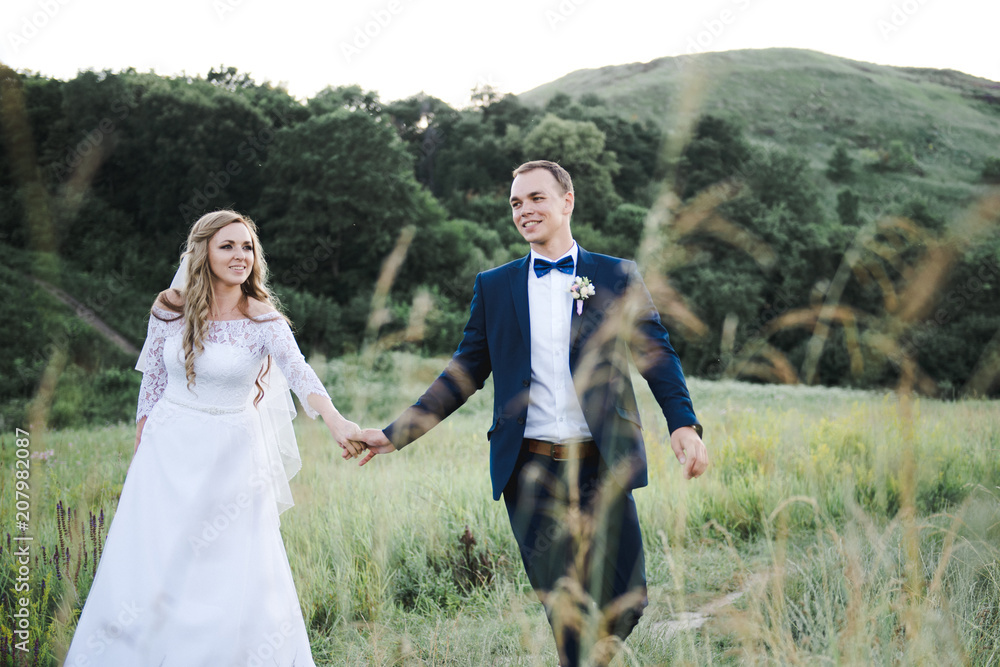 Wedding in the mountains. The bride and groom at sunset. Wedding in the mountains. The bride and groom at sunset.