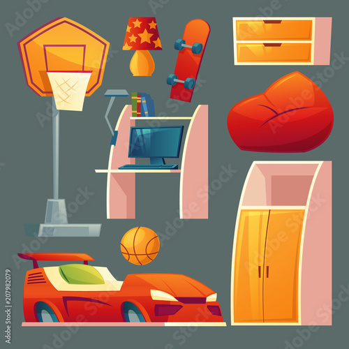 Vector set of children s bedroom - furniture, toys for boy room. Bed as a sport car, basketball equipment and closet in cartoon style. Design elements for kids interior