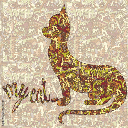 Plakat Sylwetka kota i napis mojego kota ... Wektor na tle wzór strzałki, loki i linie splecione, vintage