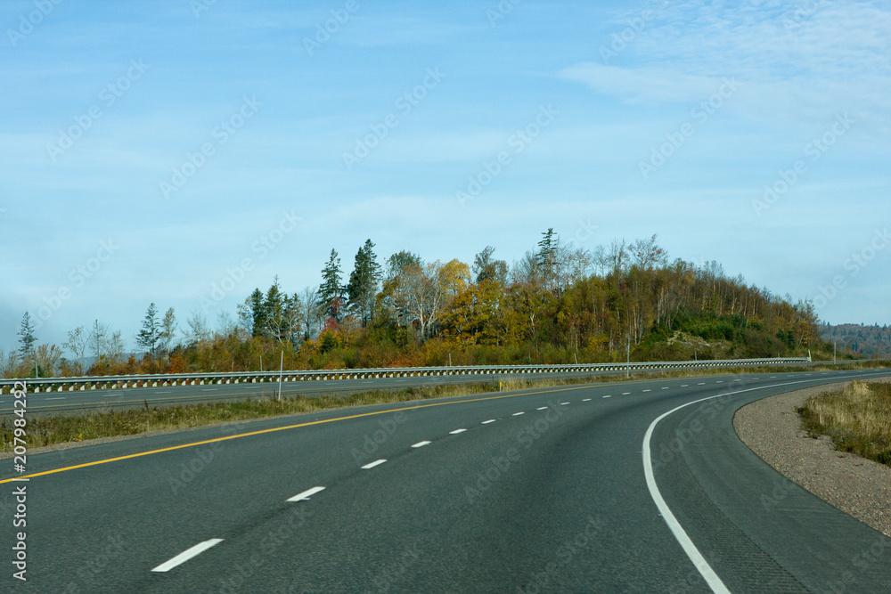 Fototapeta premium Highway with a view of the deep blue sky and colourful leaves in fall/autumn
