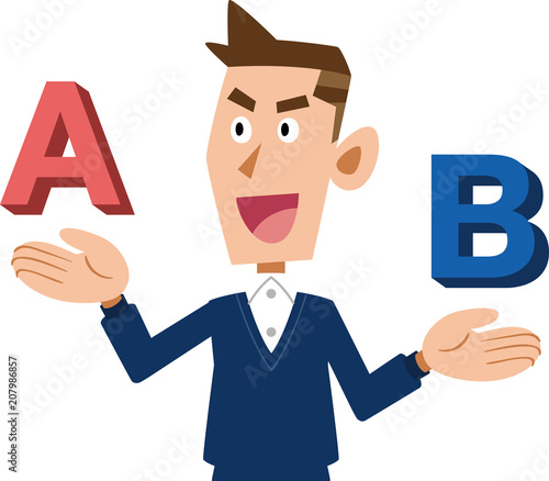 AとBを比較し、"A"を選択する若い男性

