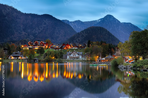 Grundlsee lake in Alps mountains. Night scene