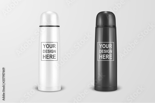 Vector realistic 3d white and black empty glossy metal vacuum thermo tumbler flask icon set closeup on white background. Design template of packaging mockup for graphics. Front view