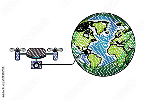 world planet with drone flying technology vector illustration design