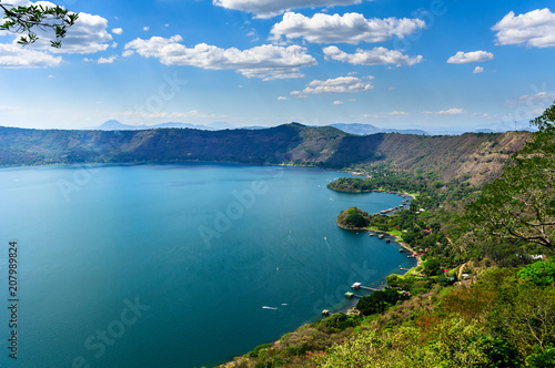 A panoramic view of the Coatepeque Lake in El Salvador  Central America