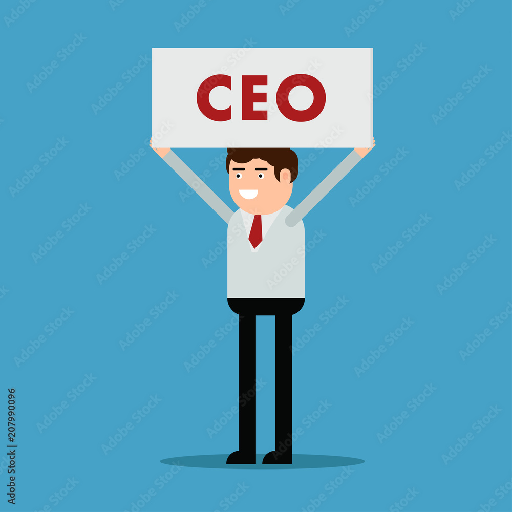 Businessman with a poster and an inscription CEO Businessman with a poster and an inscription CEO