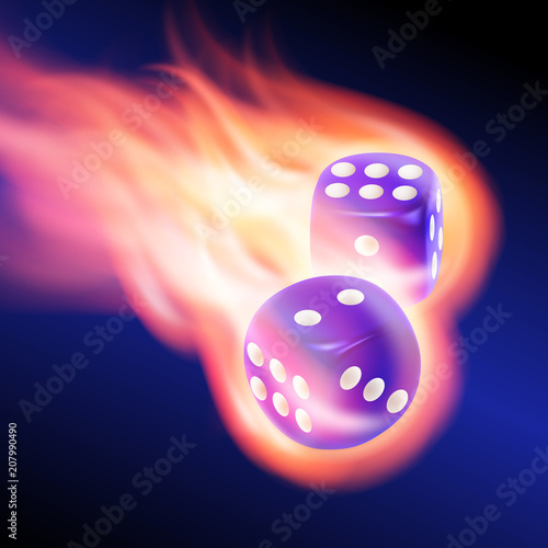 Two blue dices burning in fire. EPS10 vector.