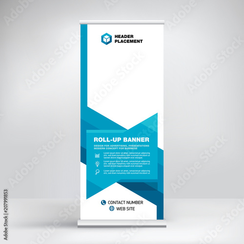 Creative advertising banner, roll-up design, stand for information, business concept for conferences, seminars, exhibitions, cool geometric background photo