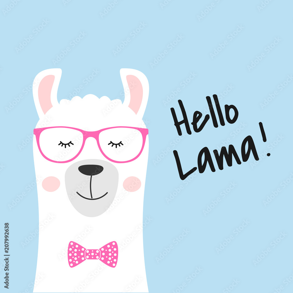 Fototapeta premium Cute cartoon animal and inscription Hello lama.