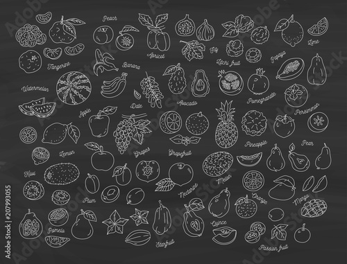 Fruit icon, Hand-drawn set of fruits on the blackboard. Vector flat illustration