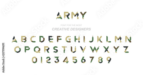 Original font in camouflage for creative design template. Flat illustration EPS10