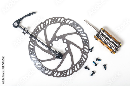 tool for repair of bicycle wheel  brake disk and eccentric clamp close-up