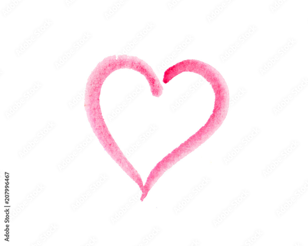 Heart shaped logo made of pink and magenta brush stroke. Watercolor hand drawn heart with rough edges. Faded  paint finish on paper.