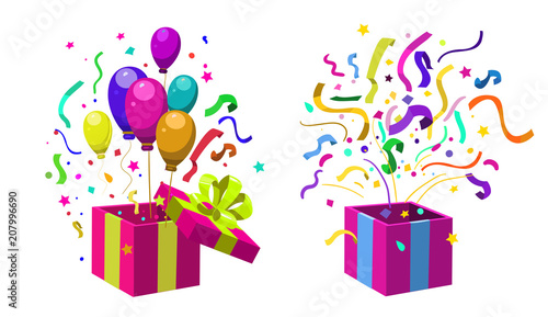 Open gift box. Surprise inside. Vector