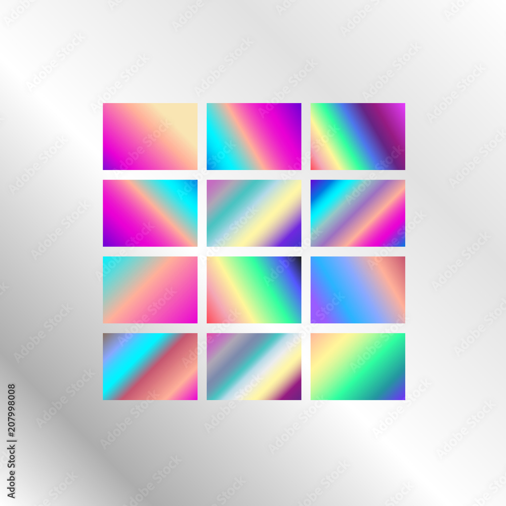 Vibrant  a4 backgrounds collection. Set of 12 vector gradients in neon spectrum colorful shades: pink, aquamarine, green, purple, violet, blue, turquoise. Fresh wallpapers for positive vibes.