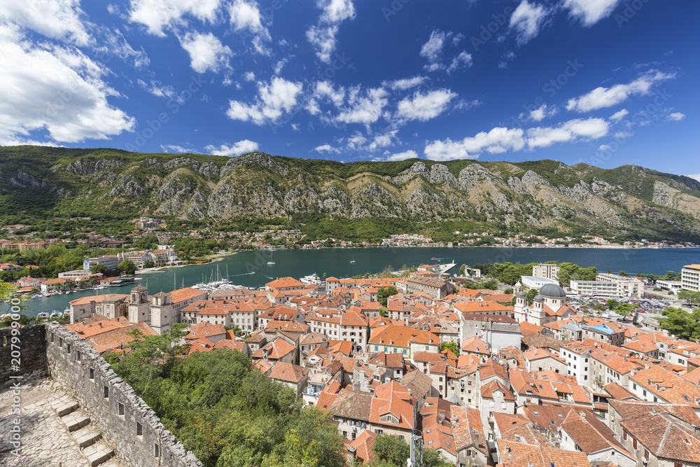 Part of the bay of Kotor and staircase on the mountain in Montenegro.