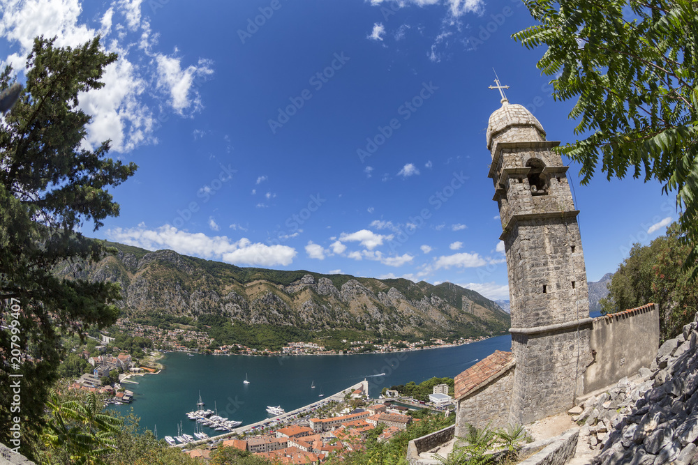 Fisheye view of the Church of Our Lady of Remedy above Kotor and Skaljari, Montenegro.