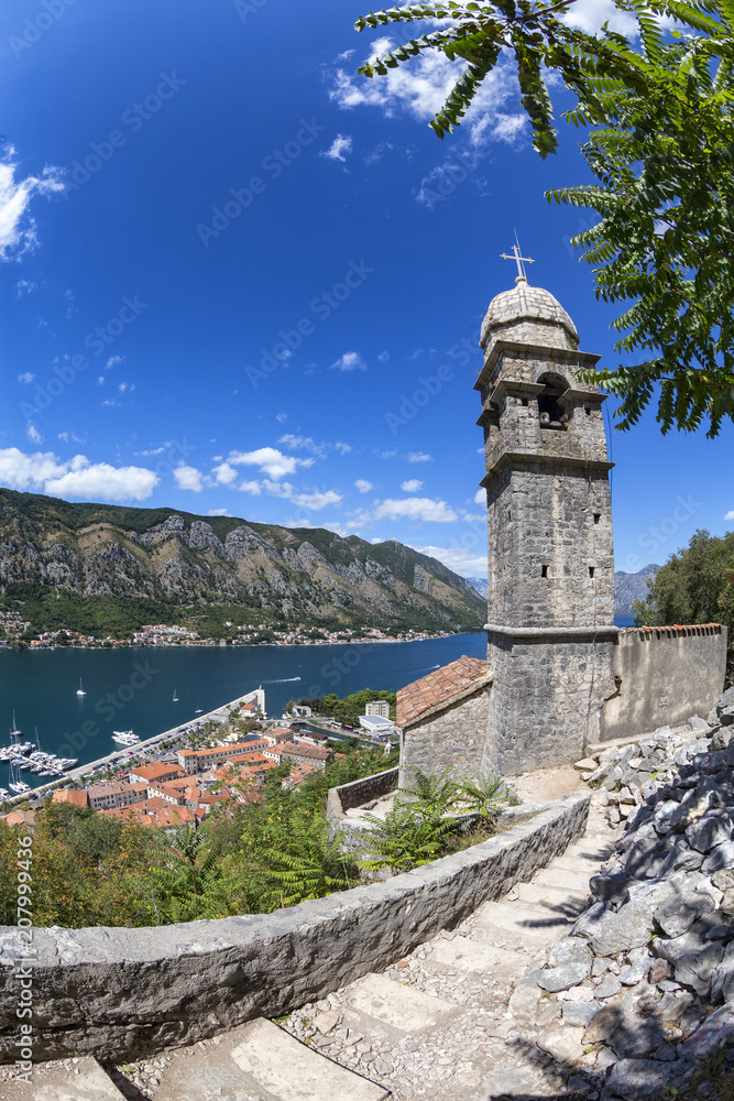 Portrait view of the Church of Our Lady of Remedy above Kotor, Montenegro.