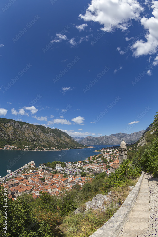 Portrait of the stairs above the Church of Our Lady of Remedy and Kotor, Montenegro.