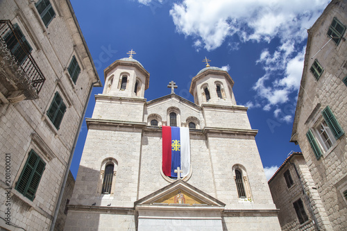 Wide angle view of the top of the Orthodox Saint Nicholas Church in Kotor, Montenegro.