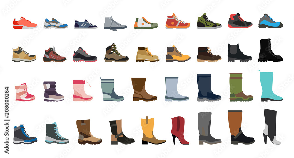Big flat icon collection of men's, women's and children's footwear. Stylish and fashionable shoes, sneakers and boots. Big flat icon collection of men's, women's and children's footwear. Stylish and fashionable shoes, sneakers and boots.