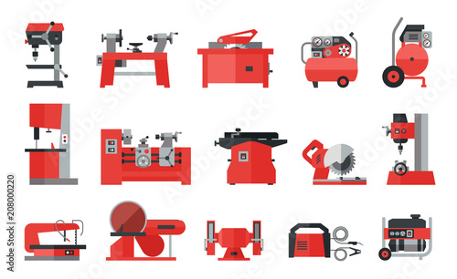 Flat icon collection of electric machine tools  for wood, metal, plastic, stone. Machines used in production in various types of industry.