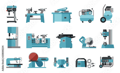 Flat icon collection of electric machine tools  for wood, metal, plastic, stone. Machines used in production in various types of industry.
