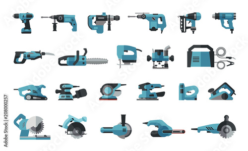 Big flat icon collection of power electric hand tools. Set of master tools for wood, metal, plastic, stone.