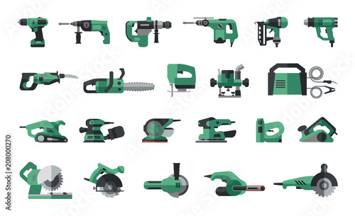 Big flat icon collection of power electric hand tools. Set of master tools for wood, metal, plastic, stone.