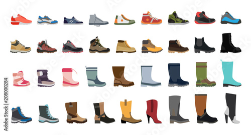Big flat icon collection of men's, women's and children's footwear. Stylish and fashionable shoes, sneakers and boots.