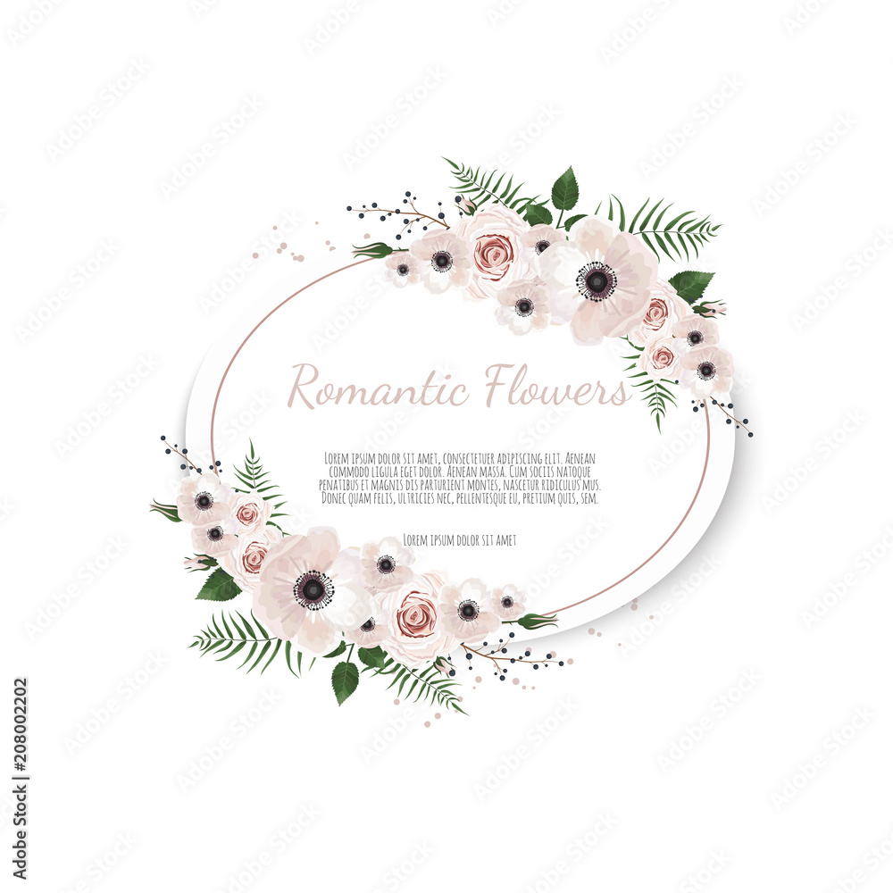 Vector floral design card. Greeting, postcard wedding invite template. Elegant frame with rose and anemone