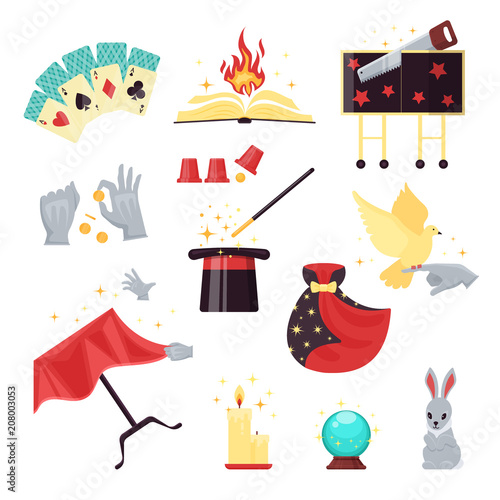 Magic show elements set with playing cards, burning book, hat, stick, dove, candle, rabbit isolated on white background. Magical equipment collection vector illustration