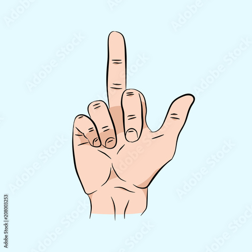 Vector hand drawing fuck hand isolated on blue background. Brush human male hand in a sketch style, color illustration