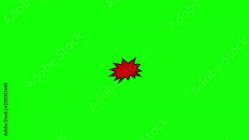 A comic strip speech cartoon animation with an explosion shape. Words: Clang, Klunk, Sting. White text, red and yellow spikes, green background.
